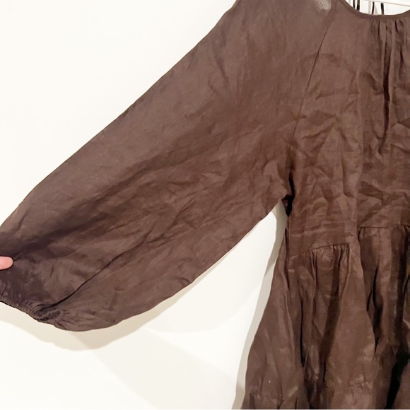 NWT DISSH Lenore Open Back Chocolate Brown Tie Neck Puff Sleeve Linen Dress US 6 - Picture 11 of 12
